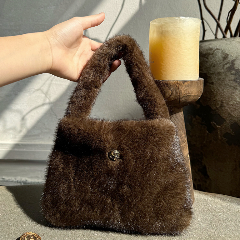 复古水貂毛手提包女2025冬季新款