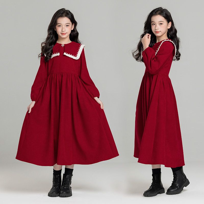 女童红色洋气公主裙秋冬装2025新款中大童娃娃领学院风长袖连衣裙