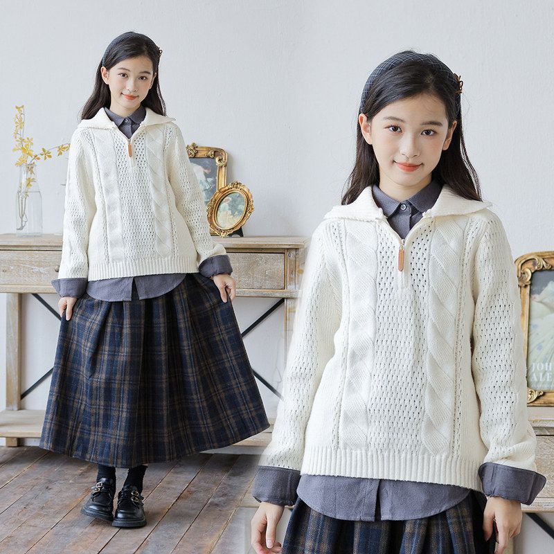 女童秋冬毛衣半裙套装2025新款韩系翻领半开拉链针织衫格子半身裙