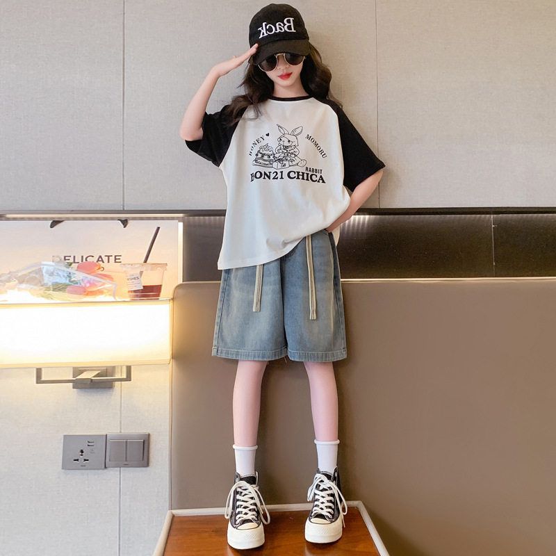 女童夏季短裤套装2025新款女大童韩版时尚夏款短袖薄款牛仔五分裤