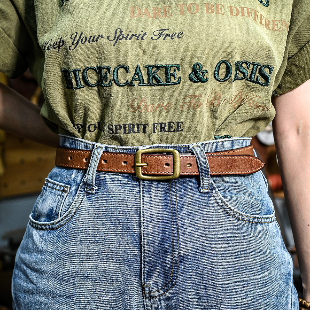 复古手工美式纯铜针扣腰带女士牛皮带女简约百搭港风牛仔软文艺潮