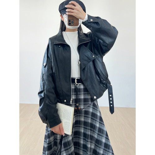 PU机车皮衣外套宽松皮夹克机车服