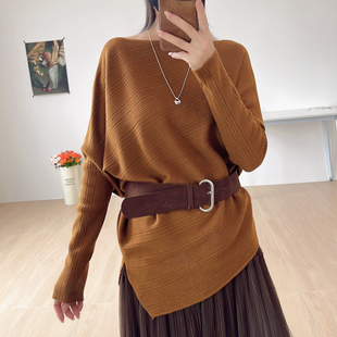 实拍小众设计感宽松显瘦蝙蝠袖 上衣 不规则毛衣斜纹一字领针织衫