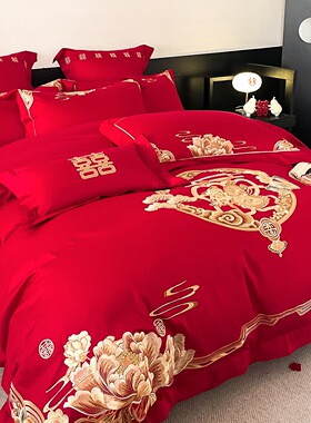 高档中式婚房四件套红色结婚被套床单新婚喜被婚庆床组1.8m六件套