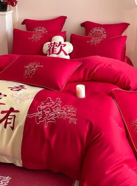 新中式纯棉贡缎婚庆四件组大红色结婚房陪嫁喜庆被套床单床上用品