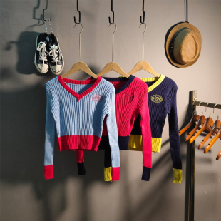 拼接撞色收腰短款 毛衣2025韩版 显瘦V领女 针织打底衫 1992长袖