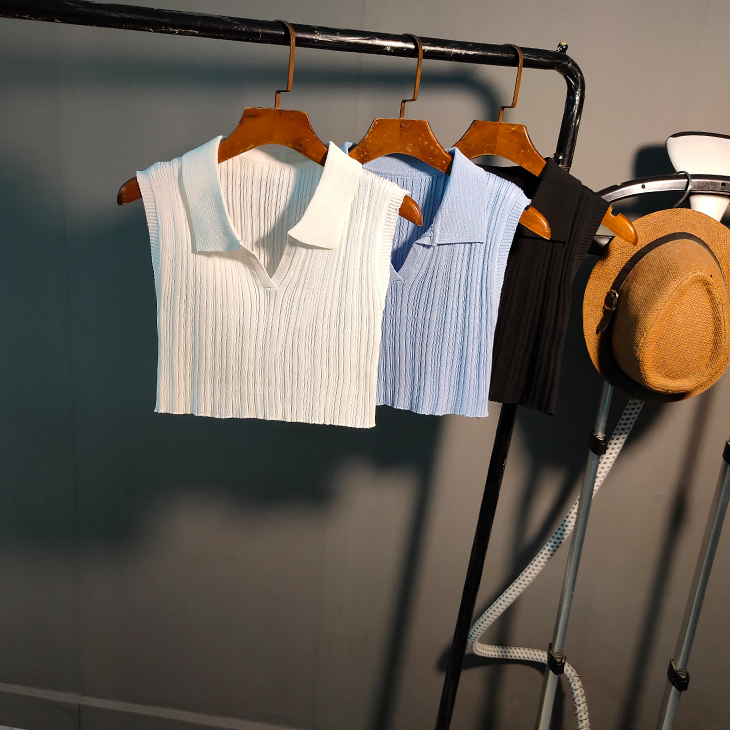 简约POLO领甜辣背心通勤无袖t