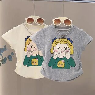女童趣味卡通图案t恤短袖2026夏季新款中大儿童修身短款洋气上衣
