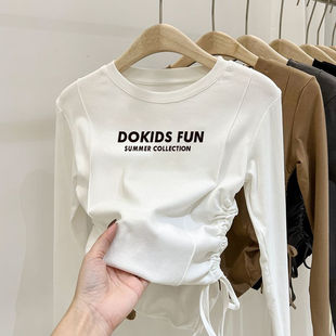 女童秋装短款抽绳上衣2026新款中大童打底儿童洋气网红长袖T恤潮