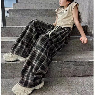 女童格子裤2026春秋新款直筒儿童中大童宽松阔腿裤女孩弯刀裤潮