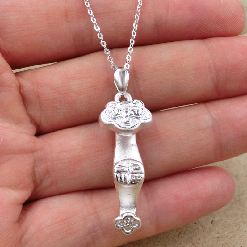 纯银如意吊坠女士项链3d硬银999足银吉祥保平安挂坠小孩宝宝送礼