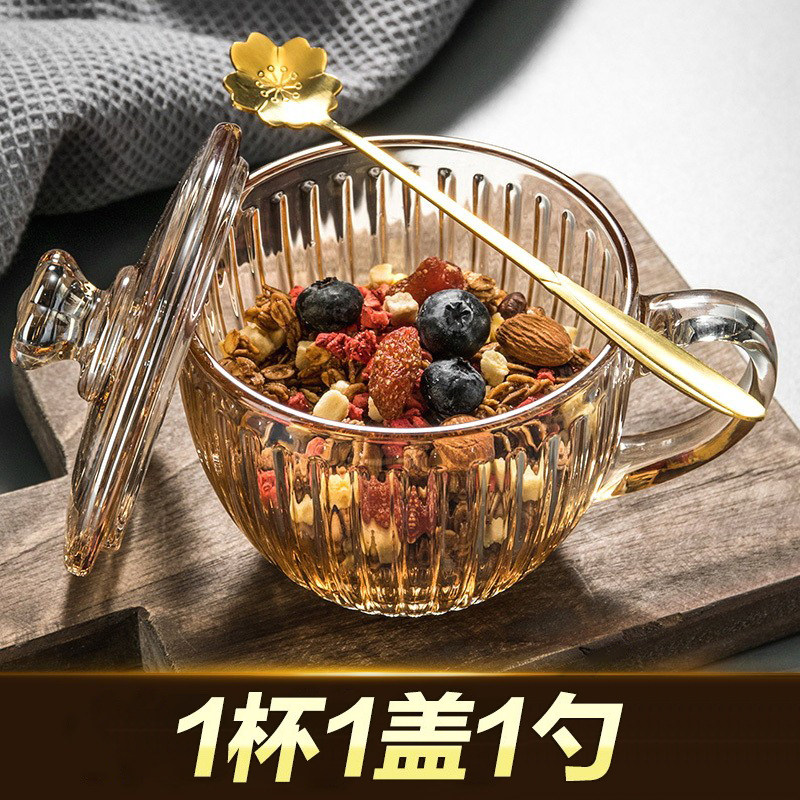 玻璃杯子燕麦杯早餐杯家用带把喝水杯大容量带盖子勺咖啡杯女牛奶图片