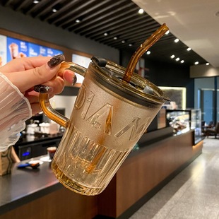 ins高颜值网红玻璃杯400ml吸管杯女生办公室奶茶咖啡杯男士喝水杯