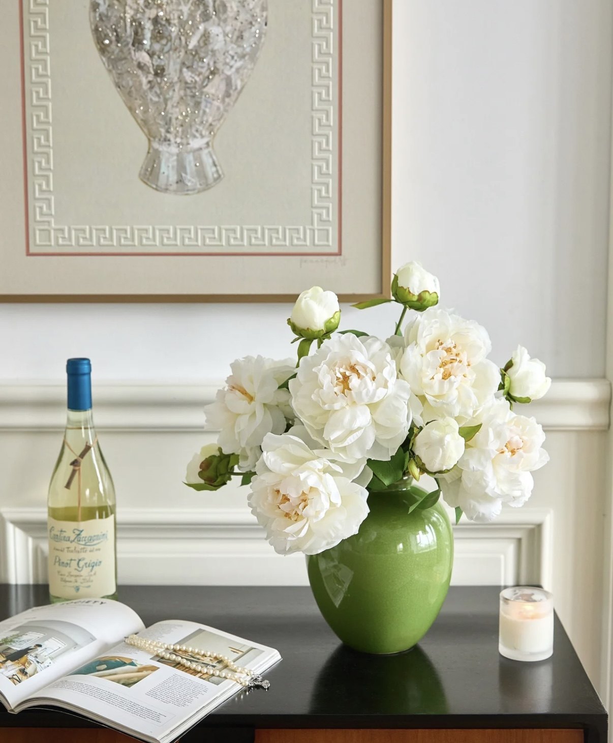 复古轻奢冰裂纹陶瓷绿花瓶客厅餐桌芍药高档洋牡丹仿真花艺假插花,家居饰品,花瓶,淘宝优惠券,粉丝福利购,淘宝优惠卷