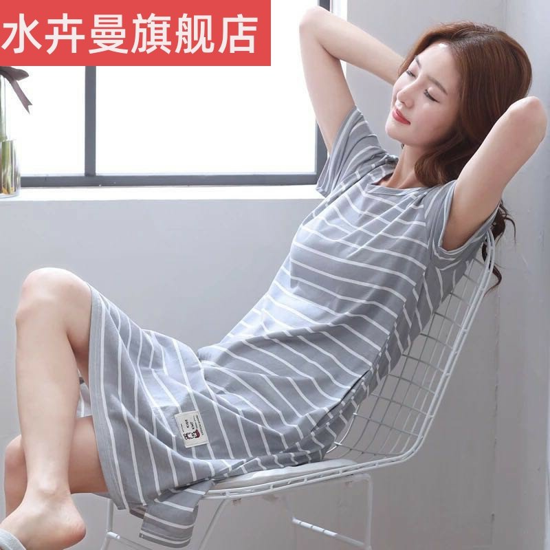 大码200斤睡裙女夏短袖连体裙韩版睡衣女薄款可外穿家居服连衣裙