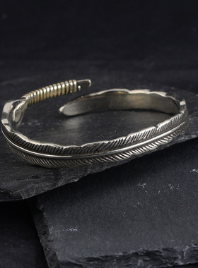 复古金尾羽毛手镯男士潮流个性实心镯子男款手饰品仿泰银羽毛手环