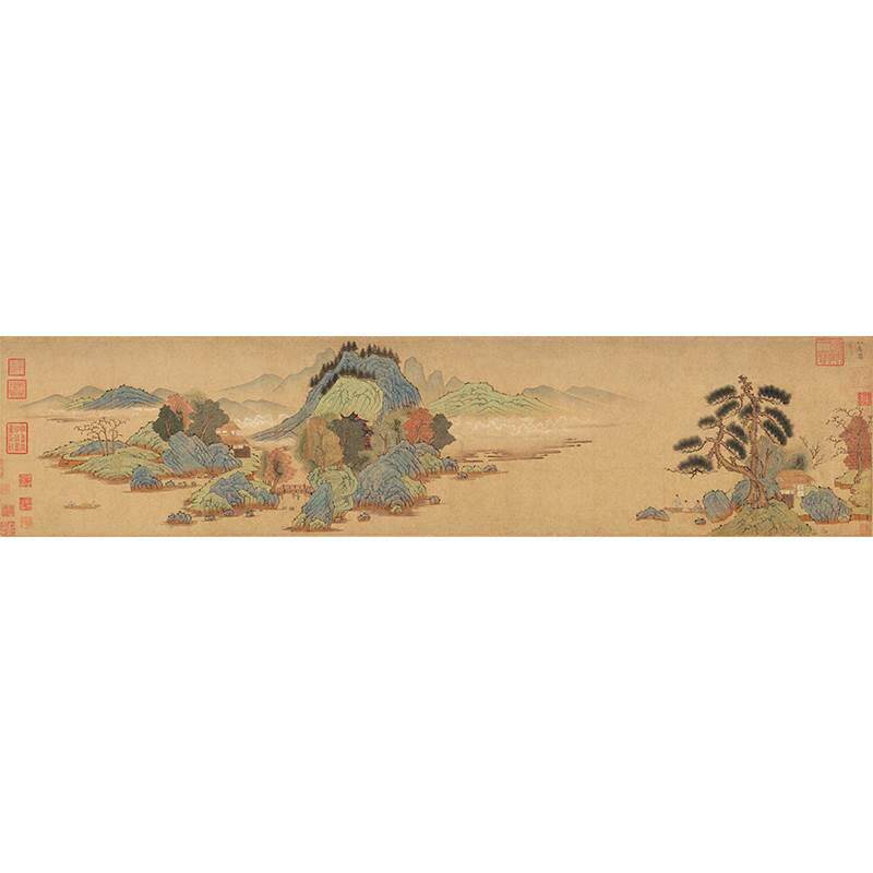 高清复刻元代钱选幽居图国画重彩青绿山水禅意隐居艺术微喷装饰画