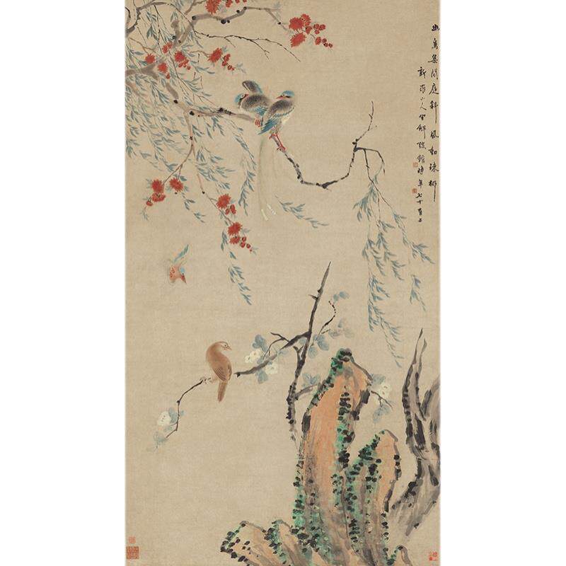 高清复刻清代华嵒华岩红花幽鸟图国画小写意花鸟画艺术微喷装饰画