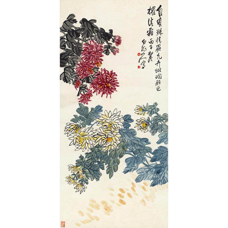 名画复制王震王一亭菊花图写意花鸟画国画艺术微喷名家字画装饰画