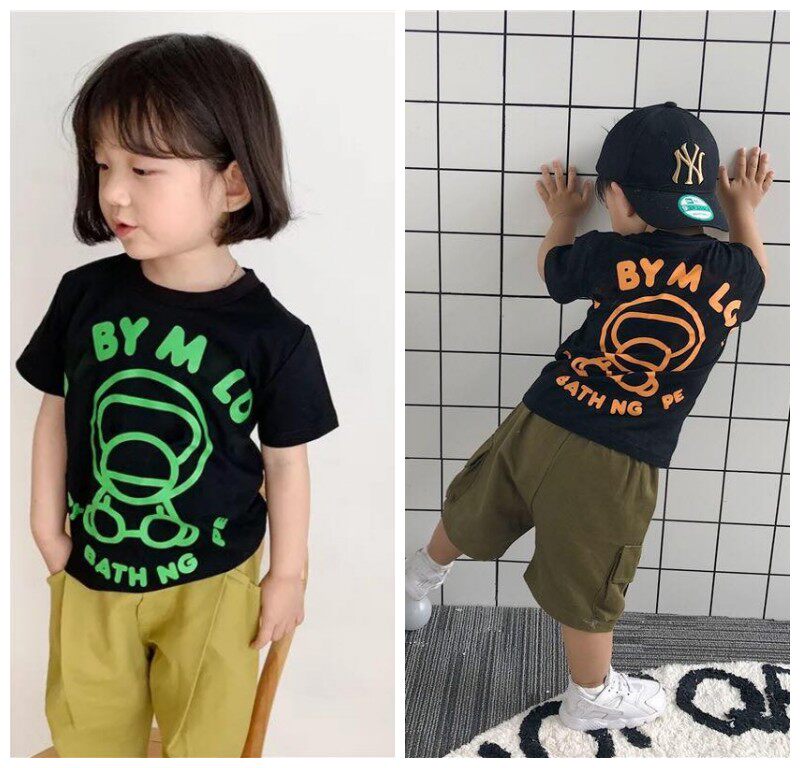 【恕恕】夏新品 男女童 纯棉荧光色双面猴子印花短袖T恤