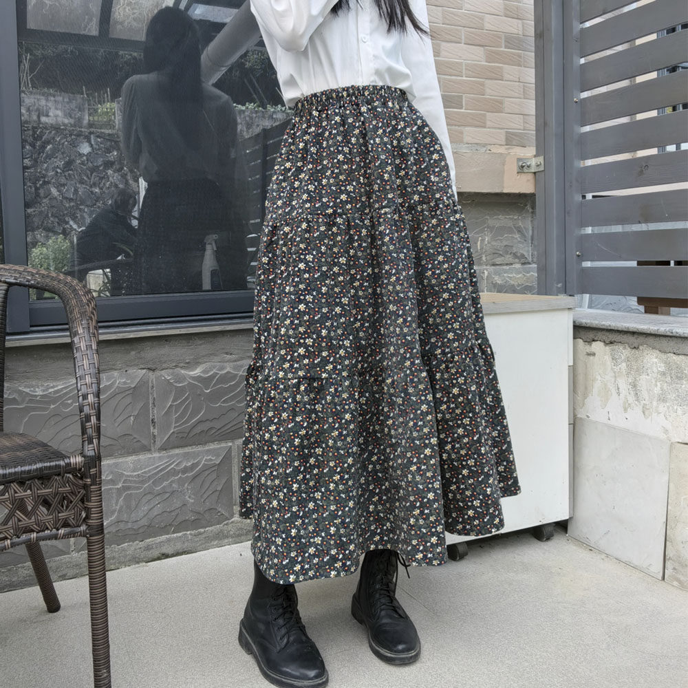 秋冬新款女装印花灯芯绒半身裙松紧腰围蛋糕裙文艺复古小碎花裙子