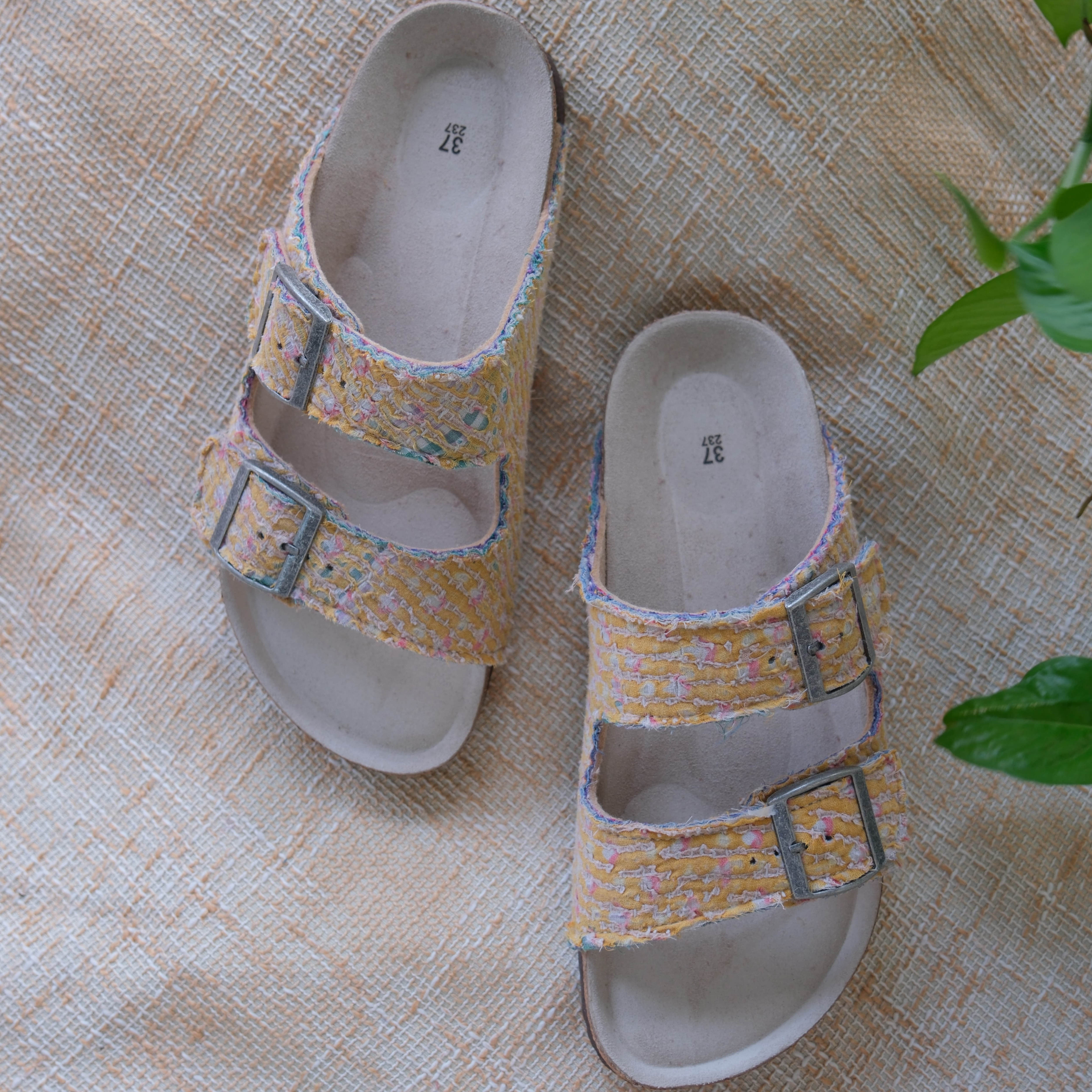 Bhoomi古布勃肯鞋时尚嫩黄双扣拖鞋手工个性复古一鞋一拍37-43