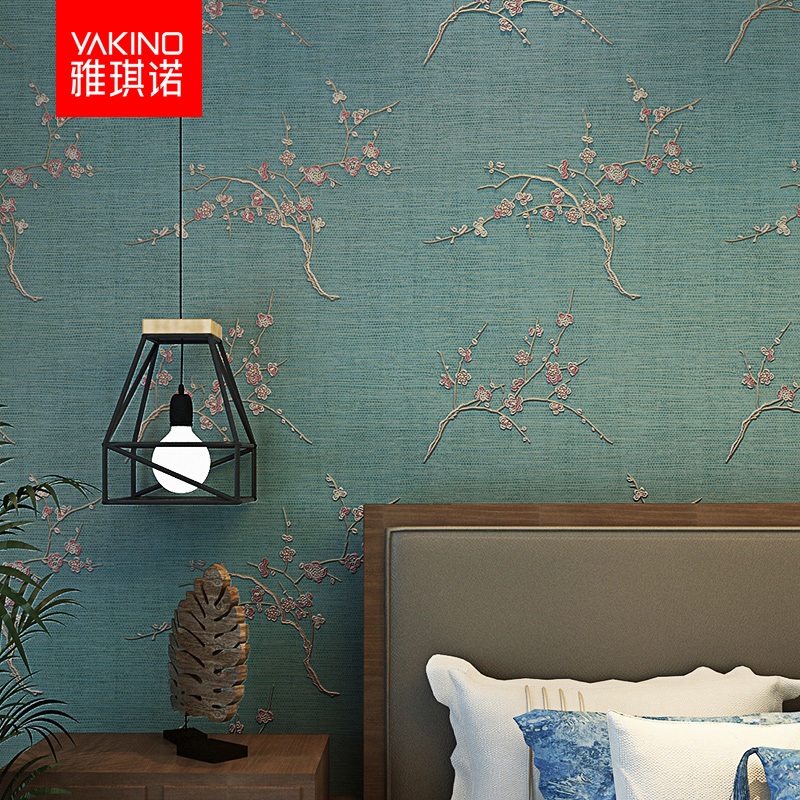 中式无纺布刺绣卧室绿色背景墙纸