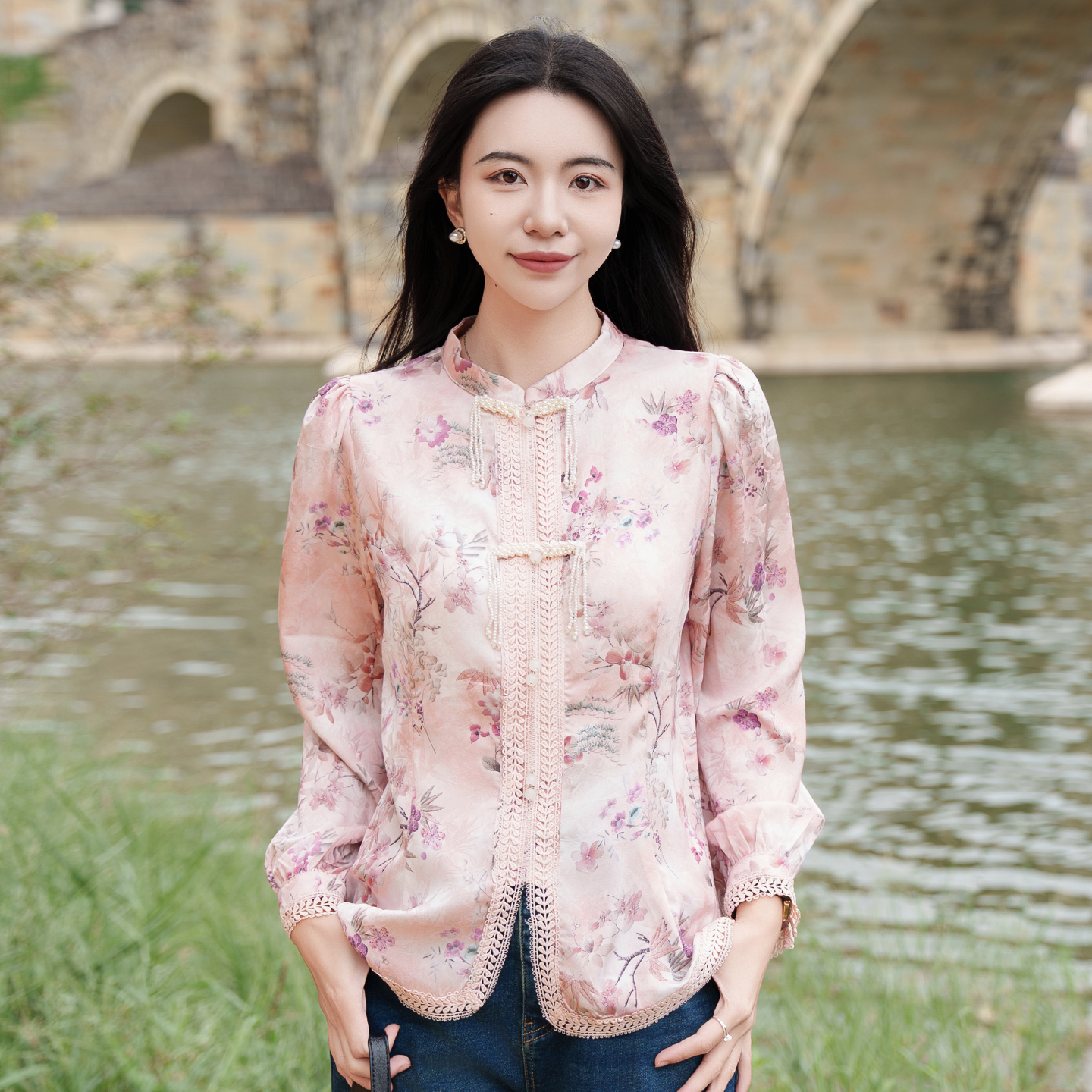 新中式粉色碎花衬衫女长袖