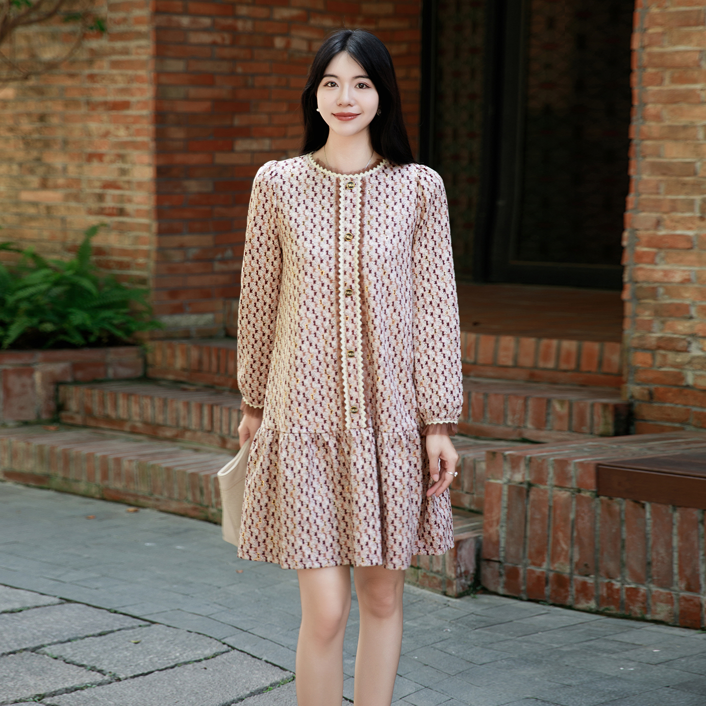 复古格纹连衣裙女长袖女