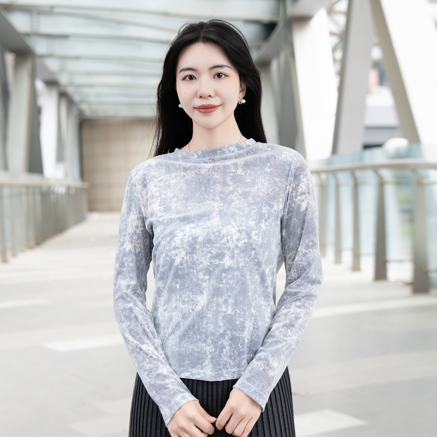 复古休闲灰调扎染长袖上衣衬衫