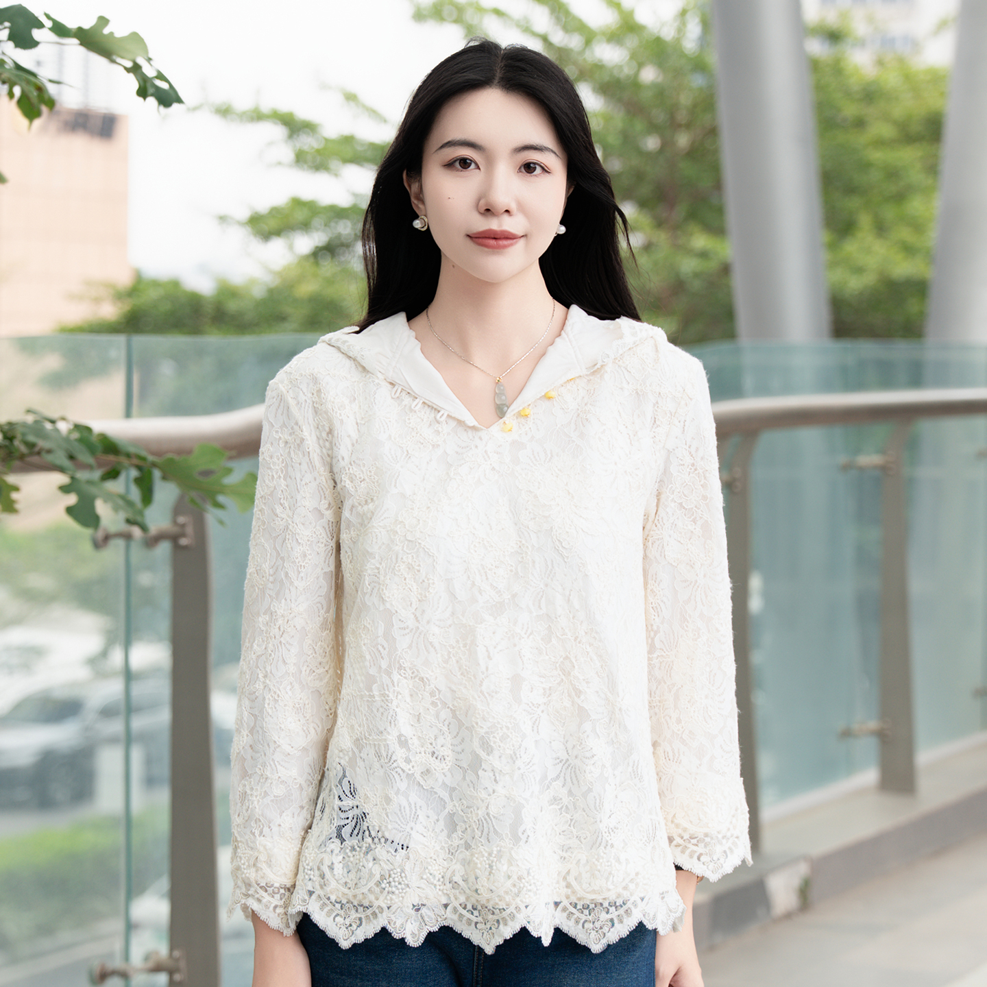 蕾丝连帽卫衣女长袖宽松