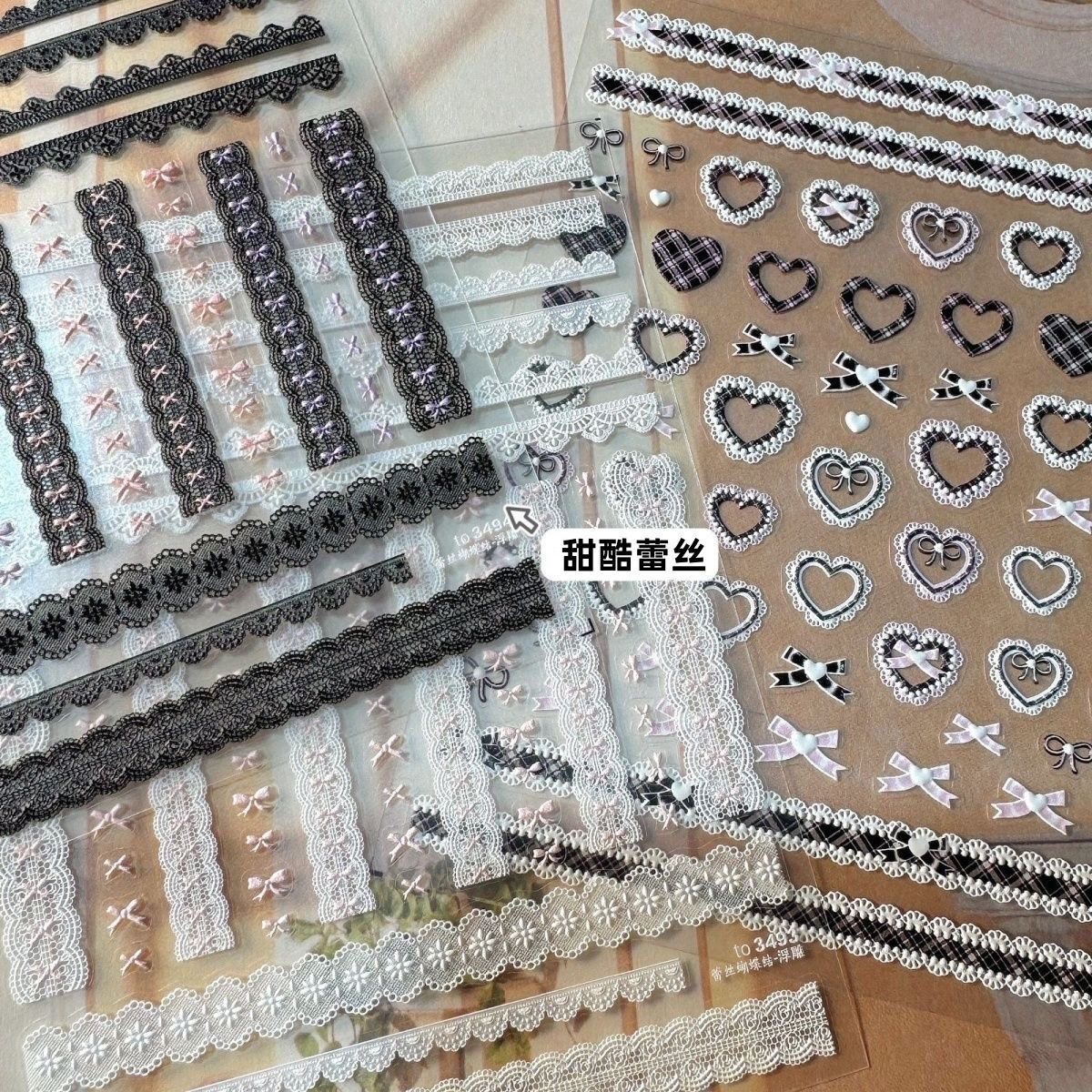 粉色蝴蝶结蕾丝美甲贴纸甜酷爱心格纹复古花边爱心黑丝带指甲装饰,彩妆/香水/美妆工具,指甲装饰,淘宝优惠券,粉丝福利购,淘宝优惠卷