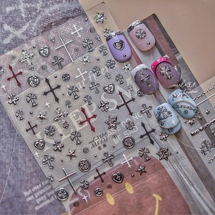 新款克罗心美甲贴纸复古朋克风星星十字架带背胶贴花指甲装饰品