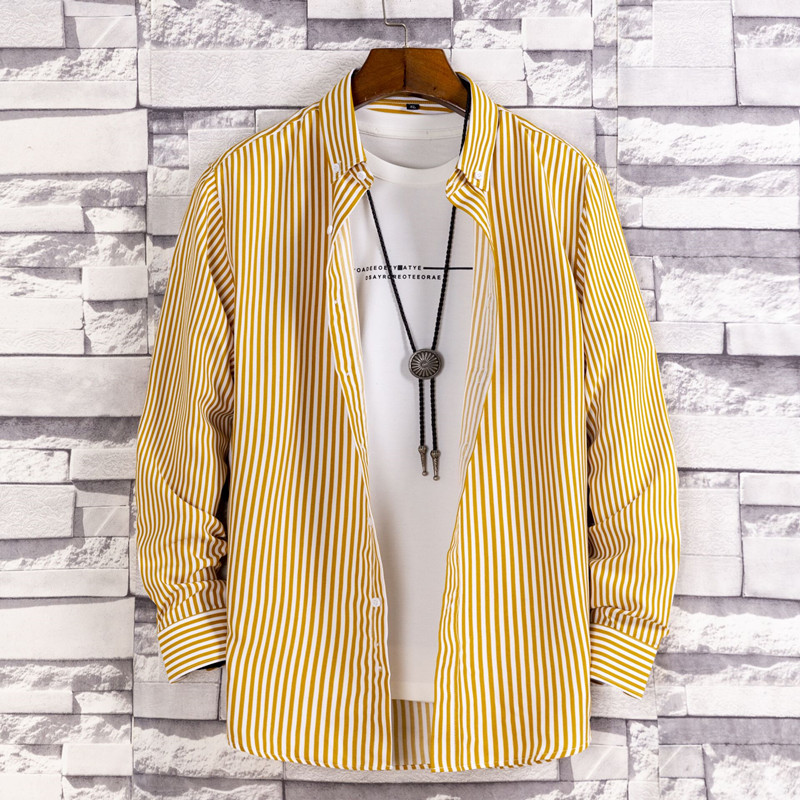 新款青年黄色韩版修身条纹衬衫潮