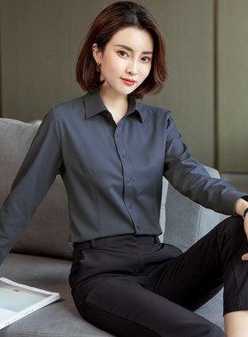 2026新款灰色衬衫女长袖商务休闲职业装方领衬衣ol通勤打底衫修身