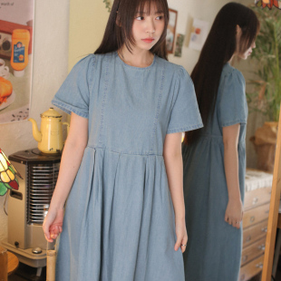 收腰显瘦连衣裙 2025夏新复古可爱水洗牛仔圆领短袖 ㊣ 妹妹家