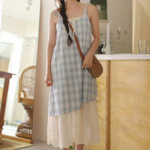 吊带连衣裙女中长裙 2025夏新复古森系格纹蕾丝 ㊣ 妹妹家