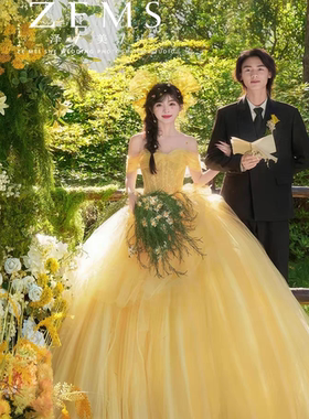 黄色婚纱礼服新款影楼服装贝尔公主同款甜美法式超仙森系旅拍彩纱