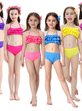 欧美儿童分体泳装 女童泳衣比基尼2件套 纯色红色蓝色宝宝游泳衣