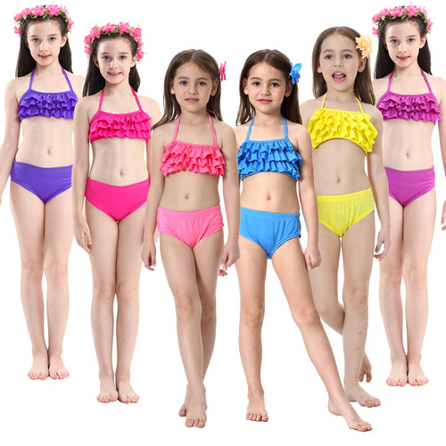 欧美儿童泳装纯色女童比基尼