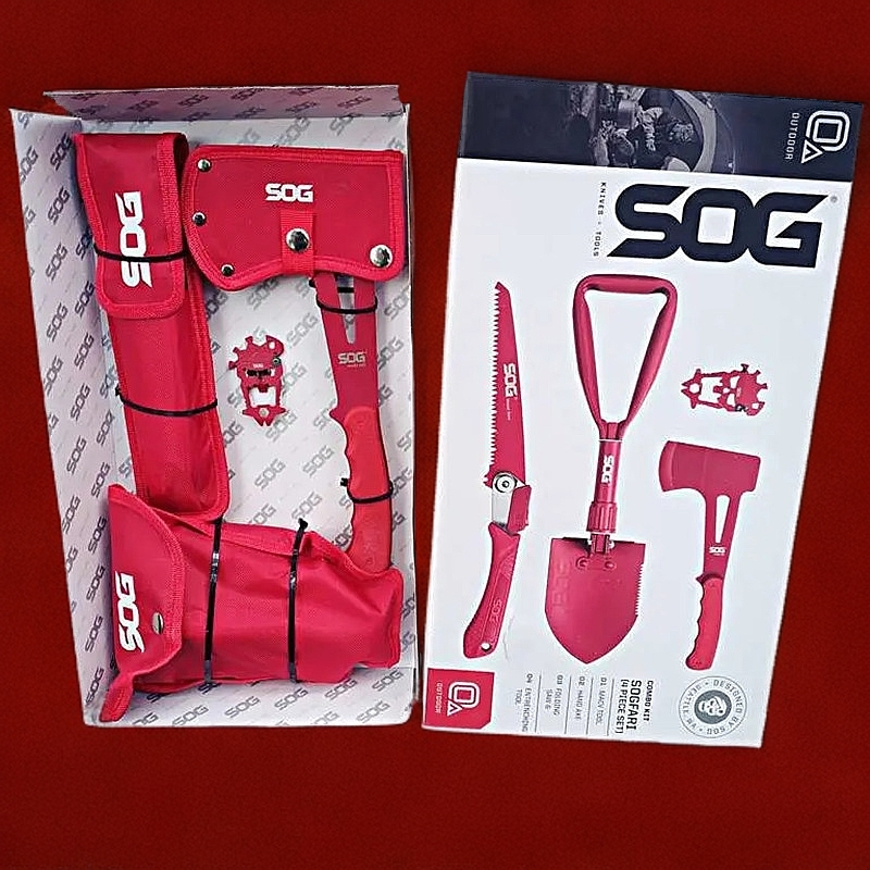 SOG索格4PC红色野营套装户外EDC多功能工具工兵铲战斧头手工锯子