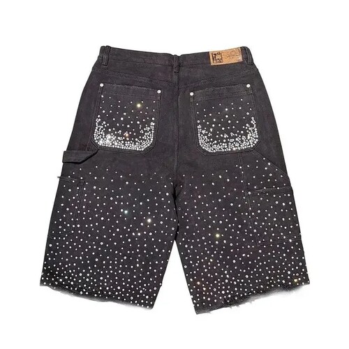 Retro rhinestone sequin loose denim shorts男款