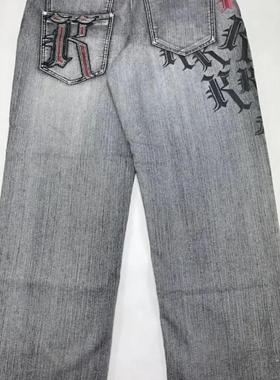 Printed washed grey loose jeans男女款