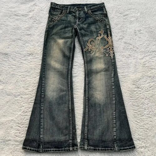 Retro pattern distressed jeans, casual flared pants