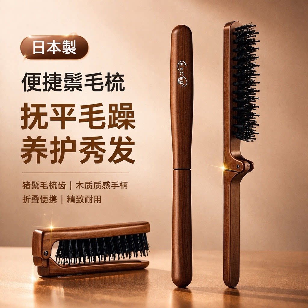 VESS日本进口猪鬃毛梳子便携式可折叠随身抚平毛躁仿木柄便携梳子
