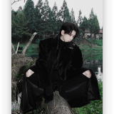 DY99P150网图刘宇宁同款黑色丝绒毛呢大衣冬季束腰加棉长款呢外套，男装毛呢大衣，星座1115（原A403）