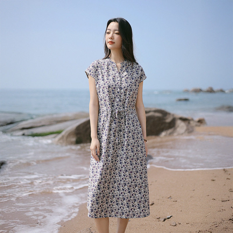 纯棉印花收腰显瘦系带长裙女2025夏季新款高级感复古碎花连衣裙