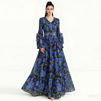 European-style blue and white porcelain ultra-long swing dress, long skirt, socialite, star long-sleeved, waist-cinching, large-sized dress, slimming evening dress thumbnail 4