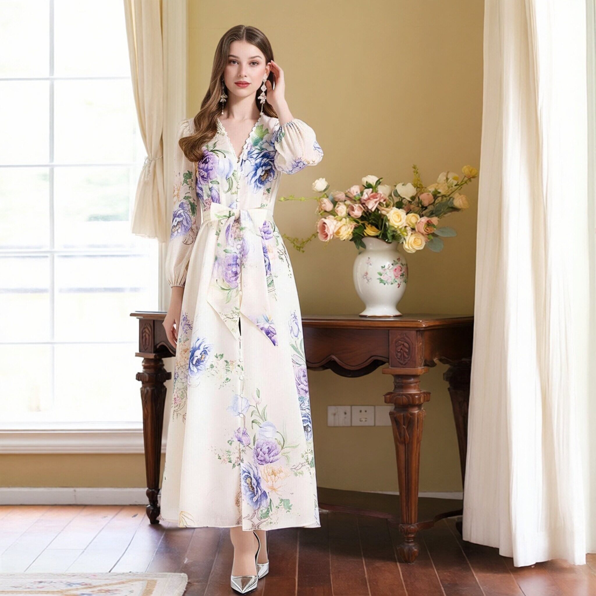 度假拍照好看很仙的V领田园风花卉大码连衣裙名媛明星走秀礼服女