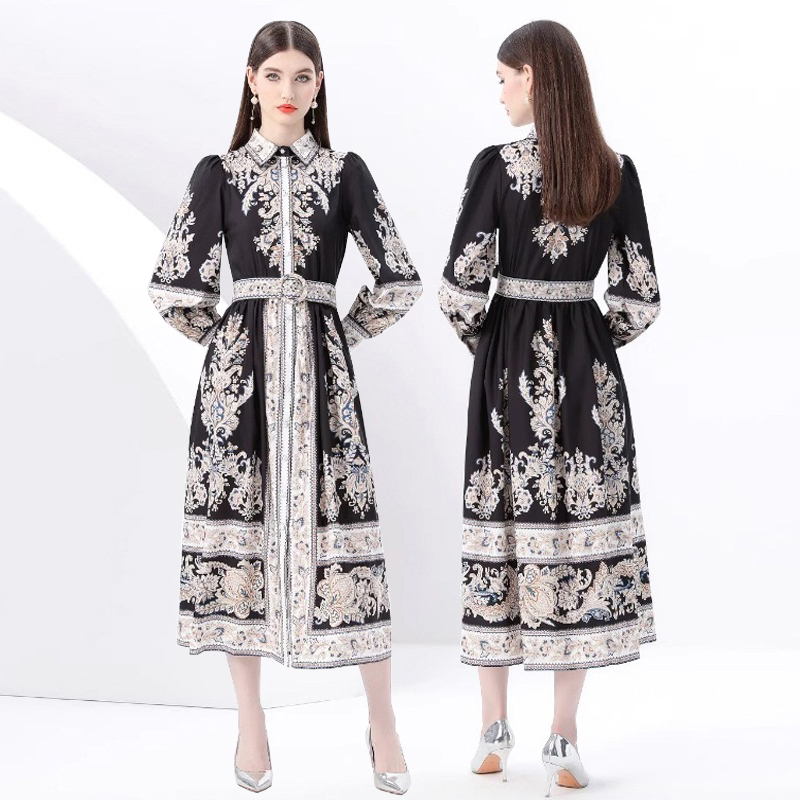 欧式宫廷风大码灯笼袖超长连衣裙